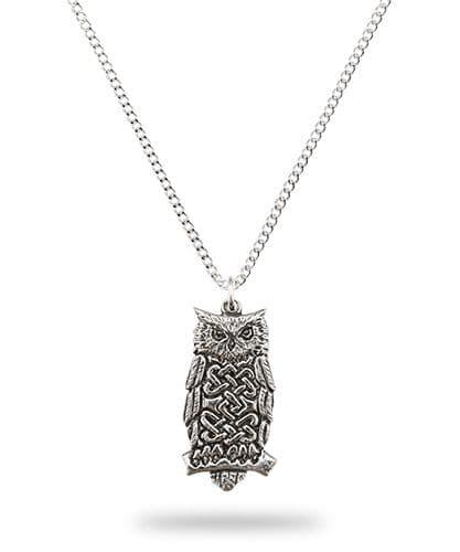 Celtic owl pendant in intricate British pewter design, showcasing detailed wildlife artistry.