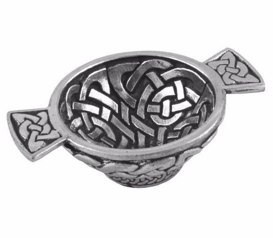 Medium pewter Celtic Quaich bowl with intricate designs, British made by My Store, perfect for ceremonial use.