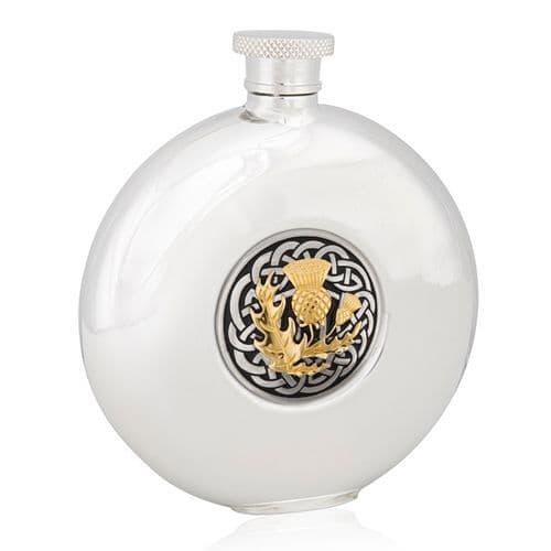 Celtic Thistle two-tone round flask in British pewter with intricate Celtic knotwork design