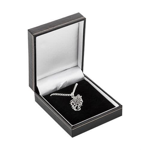 Celtic wolf pendant in British pewter with intricate artisan design, perfect for wildlife lovers.