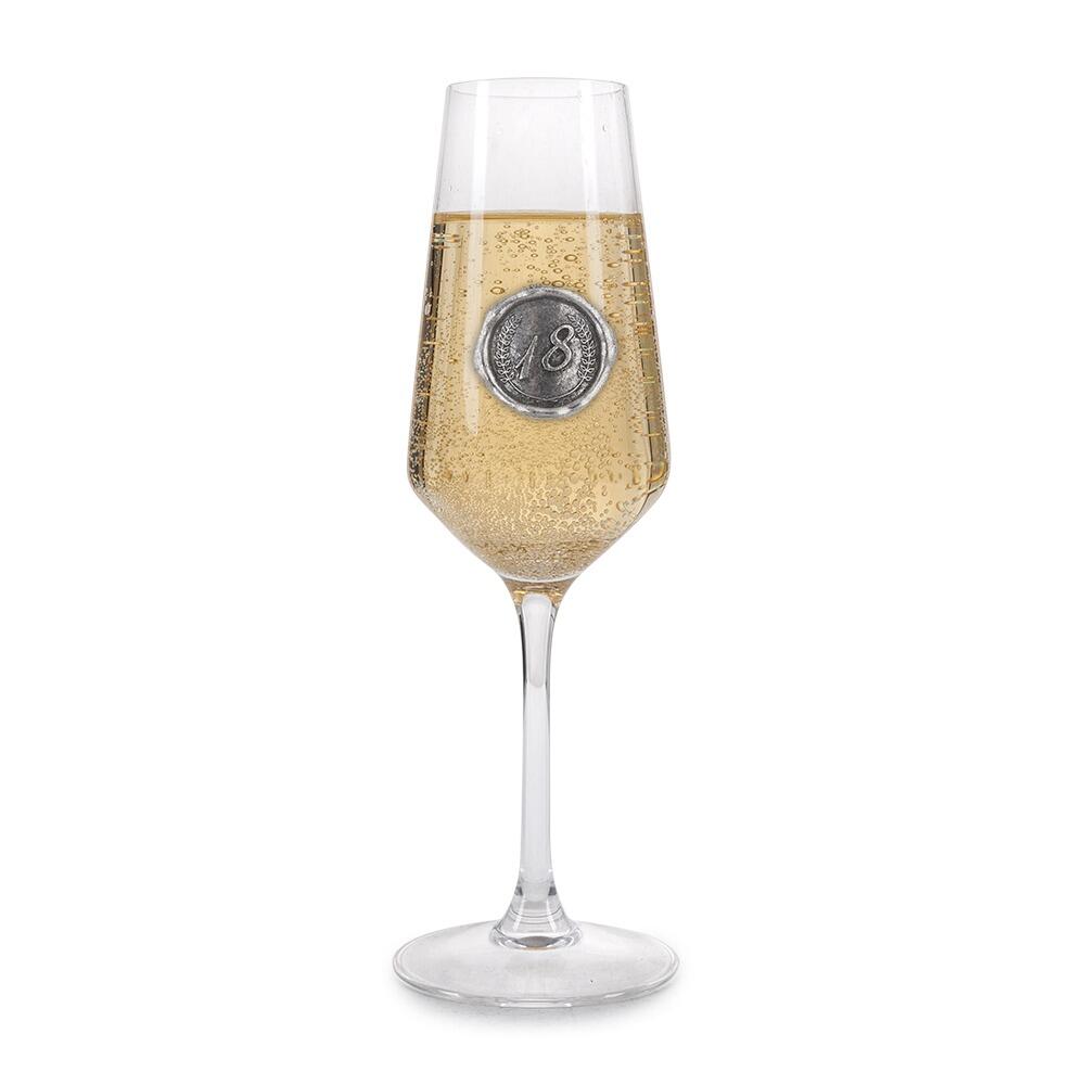 Personalised clear champagne glass with pewter birthday number monogram seal by The Gifting Corner