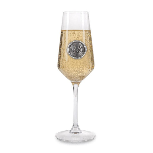 Personalised clear champagne glass with pewter birthday number monogram seal by The Gifting Corner