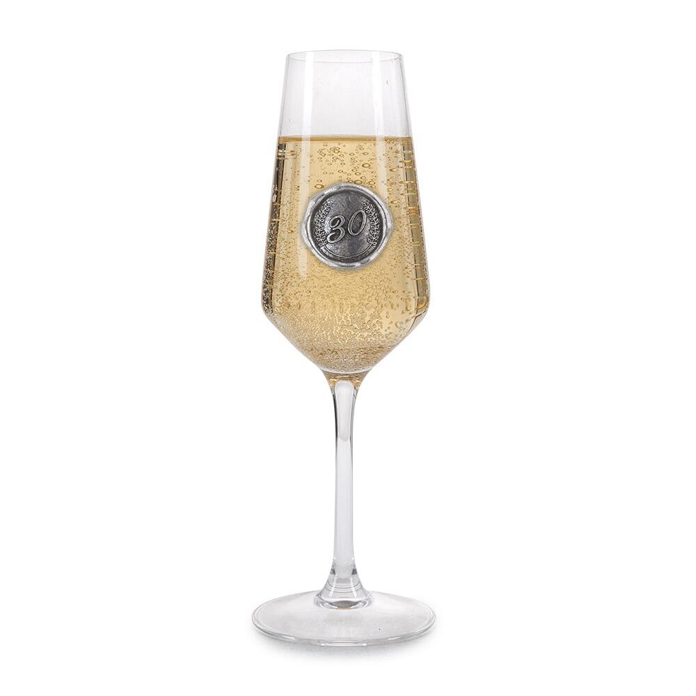 Personalised Champagne Glass With Pewter Birthday Number Monogram Seal