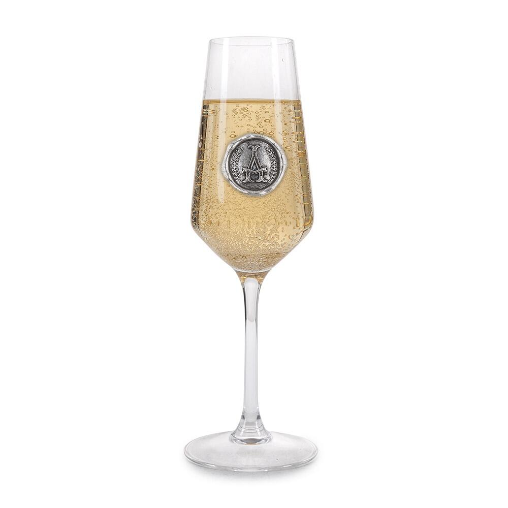 Personalised champagne glass with pewter initial monogram seal, elegant design by The Gifting Corner