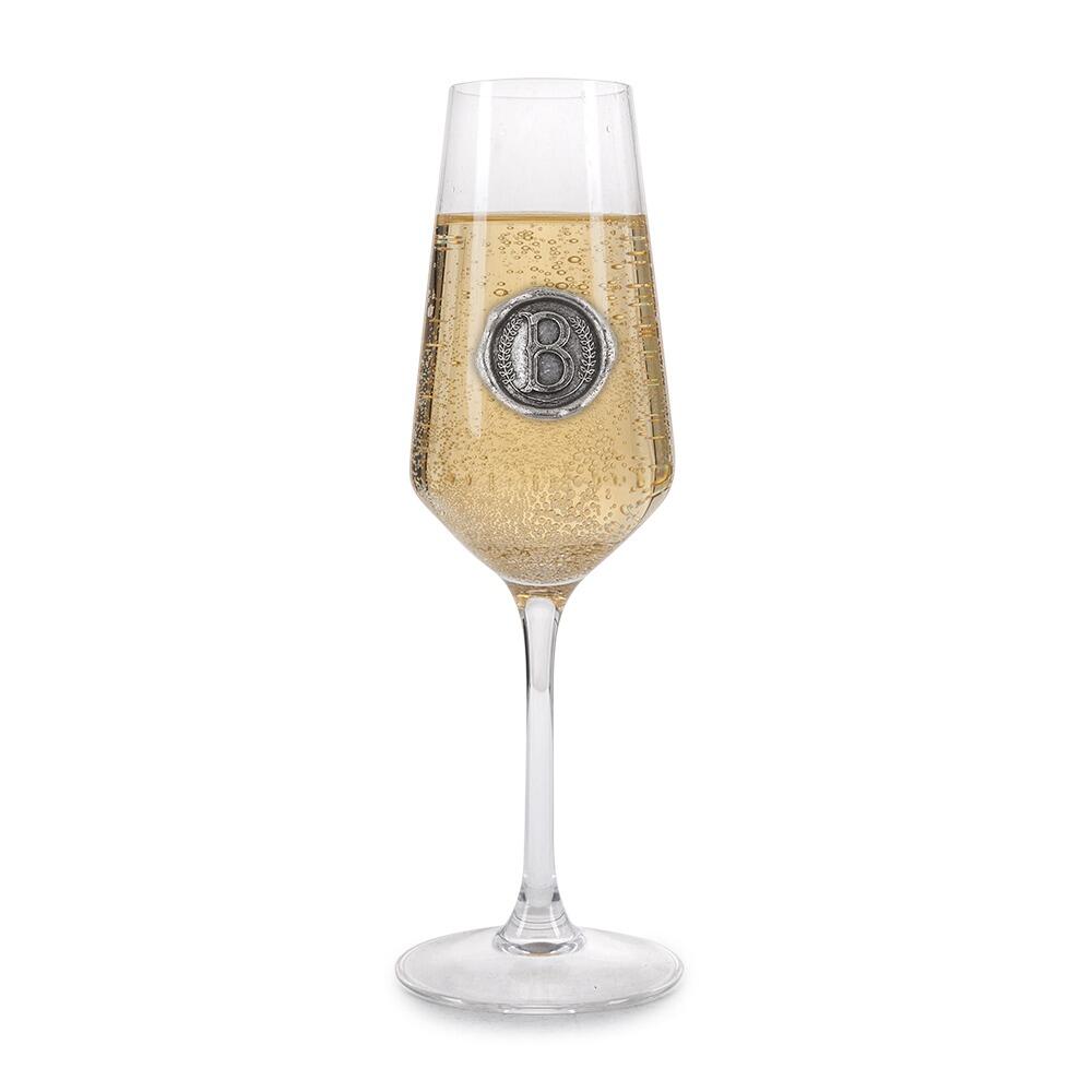 Personalised champagne glass with pewter initial monogram seal, elegant design by The Gifting Corner