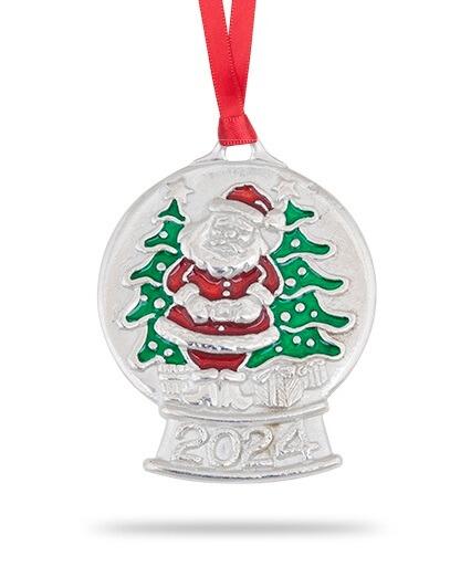 Hand-enamelled pewter Christmas snow globe decoration featuring Santa Claus and green trees with red ribbon