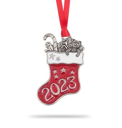 2023 Christmas tree stocking ornament in festive colors, British made by The Gifting Corner, collectible design.