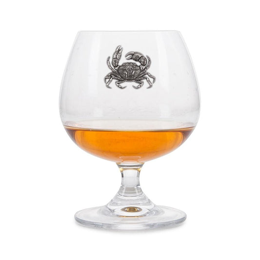 Crystal brandy glass with detailed pewter crab badge
