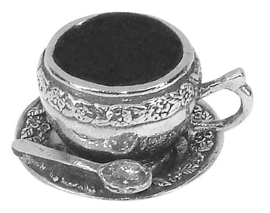 Artisan-made cup and saucer pin cushion in British pewter, perfect for craft room decor.