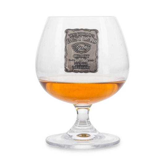 A Brandy Glass with The Worlds Best Dad on a Pewter Label