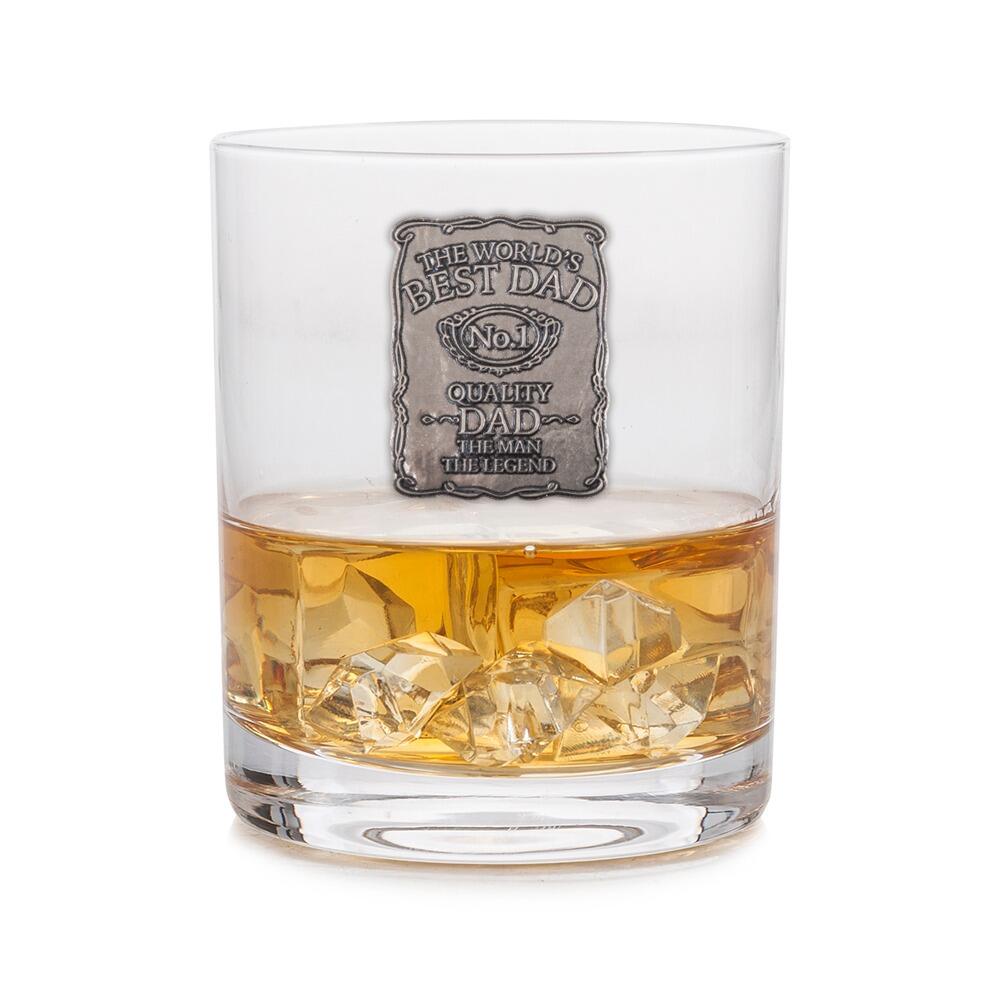 A Whisky Tumbler with a Pewter Label of Worlds Best Dad on the front