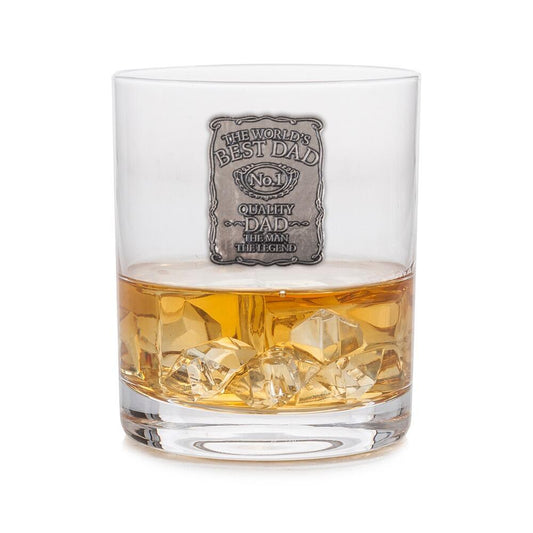 A Whisky Tumbler with a Pewter Label of Worlds Best Dad on the front