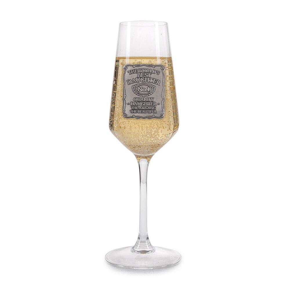 Personalized champagne glass with pewter label, 22cm height, 230ml capacity, available in 11 designs by The Gifting Corner