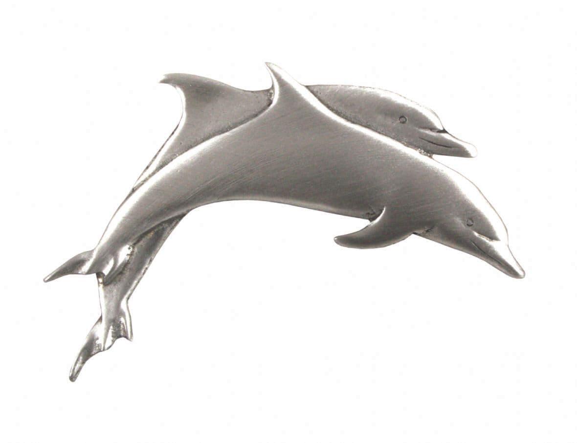 Detailed pewter lapel pin featuring two dolphins in graceful swimming motion