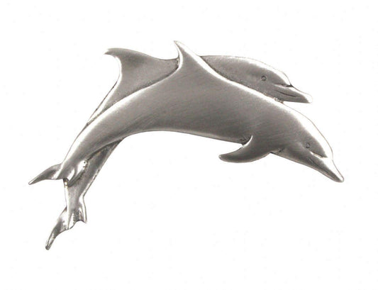 Detailed pewter lapel pin featuring two dolphins in graceful swimming motion