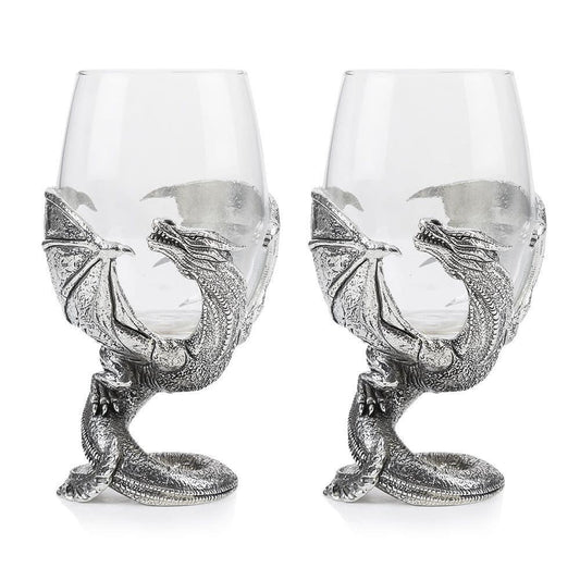 Intricately designed dragon wine glasses in clear glass, perfect for couples and entertaining, by My Store.