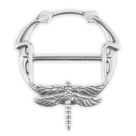 Artisan British pewter scarf ring featuring a detailed dragonfly design