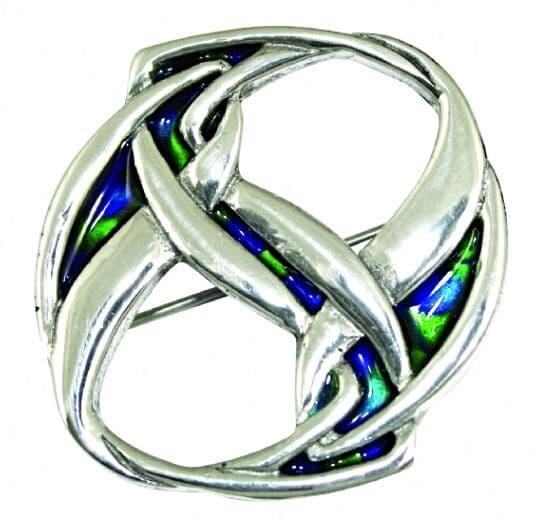 Artisan-made enamelled brooch in a twist knot design, inspired by Celtic art, from My Store.