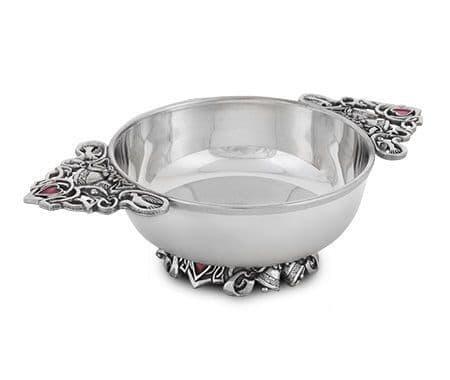 Enamelled pewter wedding quaich bowl by My Store, featuring intricate Celtic designs, perfect for ceremonies or anniversarie