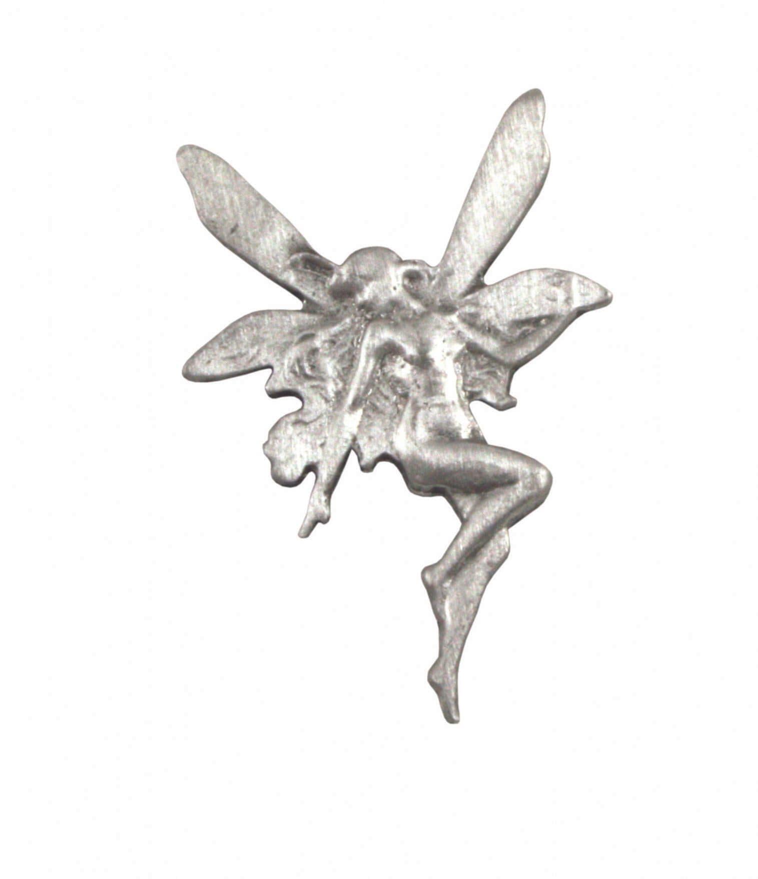 Silver metal fairy figurine with large wings, intricate details, and delicate pose