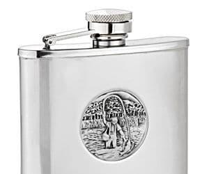 Silver stainless steel flask with a fishing scene engraving and a screw-top lid.