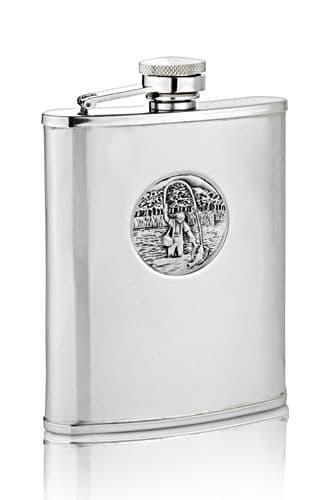 Silver stainless steel flask with engraved design and screw-top lid.