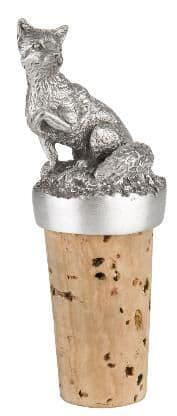 Fox-shaped pewter wine bottle stopper with natural cork base.