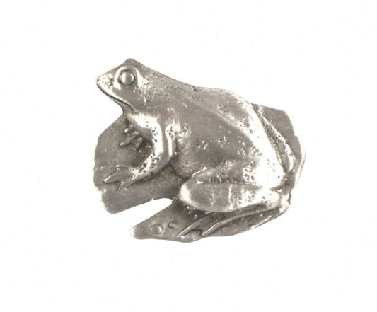 Silver frog figurine resting on a rock, detailed texture and realistic design.