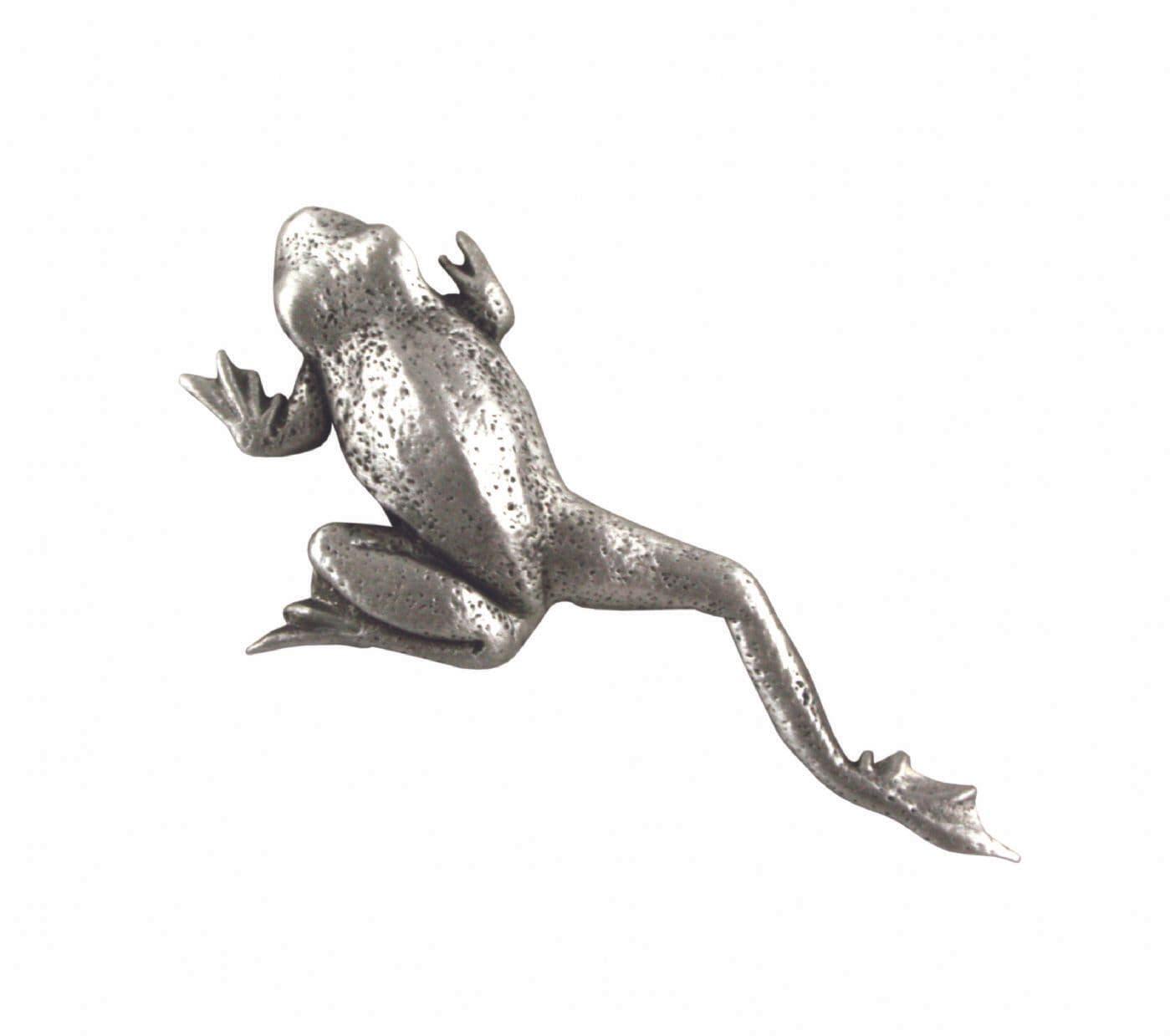 Silver metal frog sculpture with detailed texture and realistic pose.