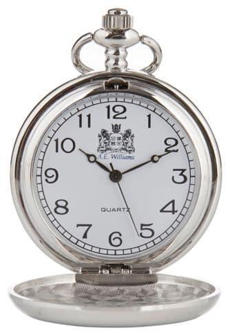 Silver quartz pocket watch with white dial and black numerals, featuring a classic design by A.E. Williams.