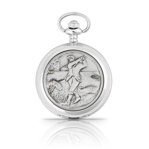 Silver pocket watch featuring a golfer engraving on the front.