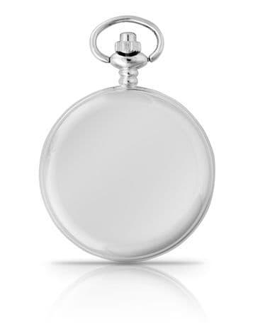 Silver pocket watch with a smooth, round case and a classic design.