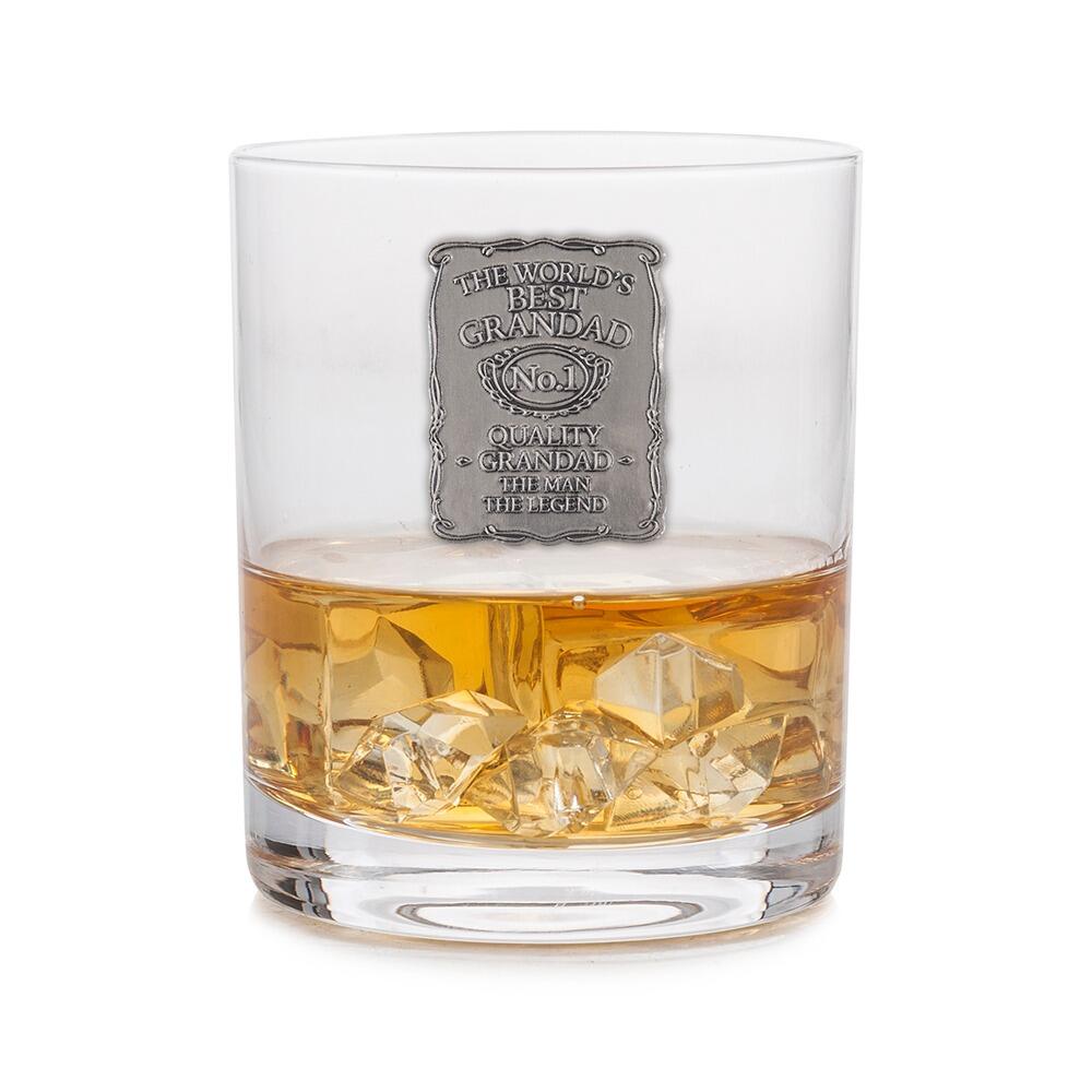 A Whisky Tumbler with a Pewter Label of Worlds Best Grandad on the front