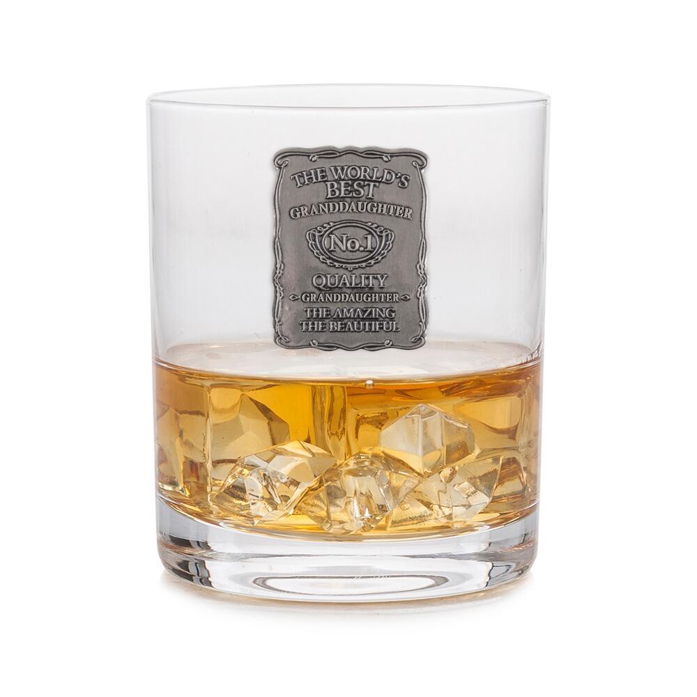 A Whisky Tumbler with a Pewter Label of Worlds Best Granddaughter on the front