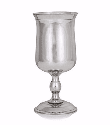 Silver metal goblet with a flared rim and ornate stem.
