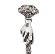 Antique-style silver-plated cane with a detailed hand grip and rose motif.