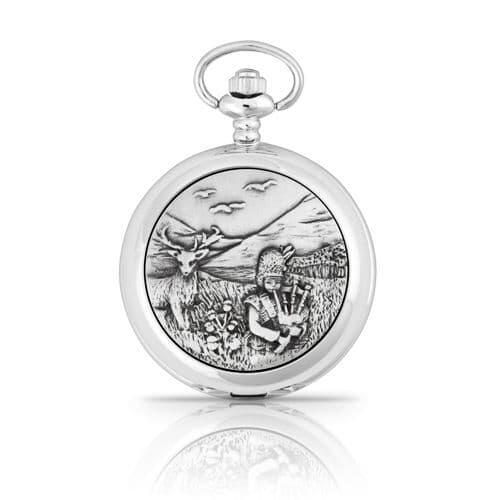 Ornate Highland Piper mechanical pocket watch by My Store, featuring Celtic design elements and a polished silver finish.