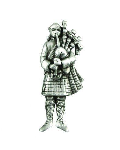 Silver bagpiper figurine in traditional Scottish attire with intricate detailing