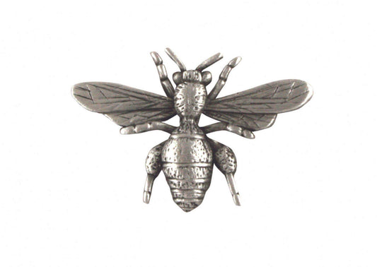 Silver bee brooch with detailed wings and body design.