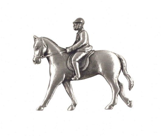 Silver metal horse and rider figurine, detailed design with a polished finish.