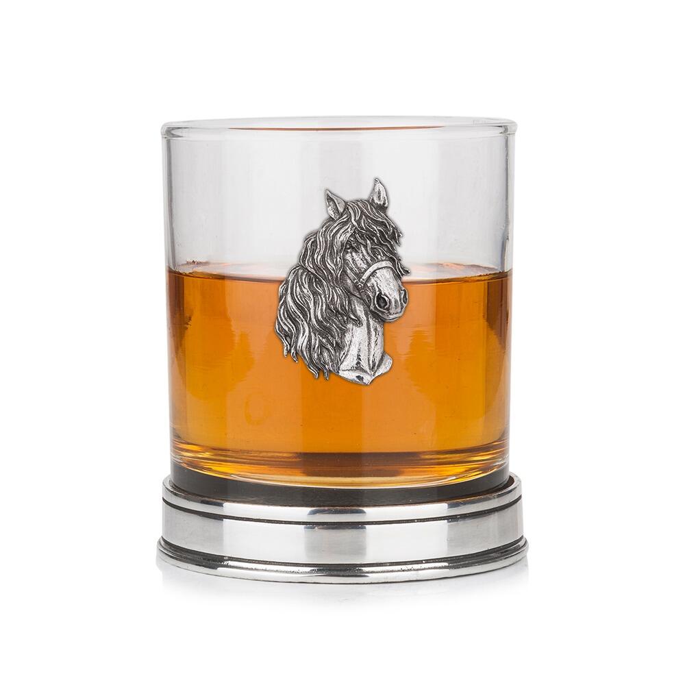 Whisky tumbler with pewter horse emblem and polished base, partially filled with amber liquid