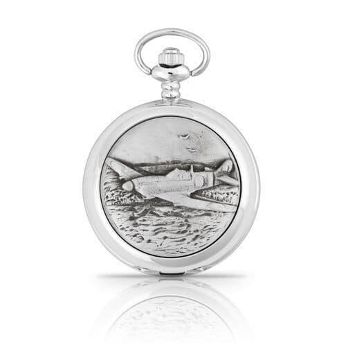 Silver pocket watch featuring an engraved landscape design on the case.