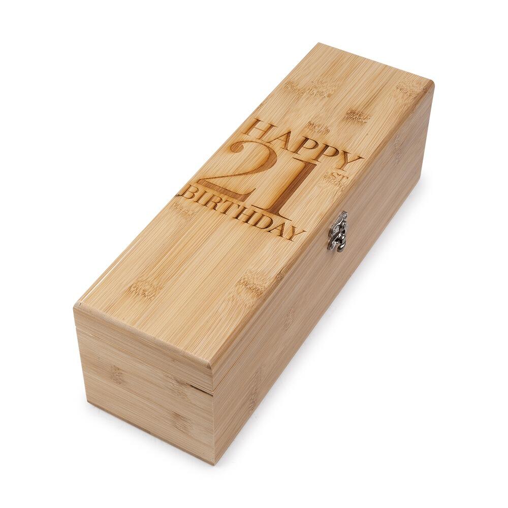 Wooden Bottle Box with "Happy 21st Birthday" engraved onto the Lid