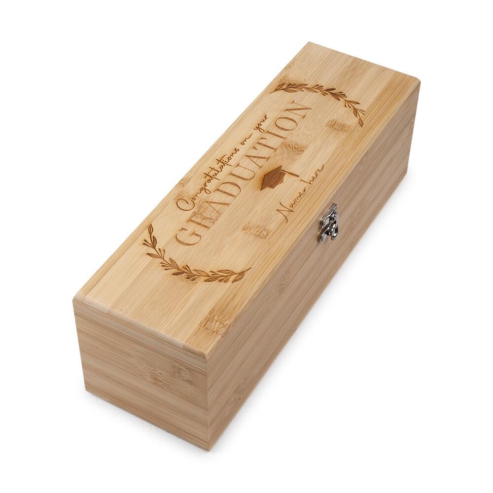 Wooden Bottle Box with "Congratulations on your Graduation" engraved onto the Lid