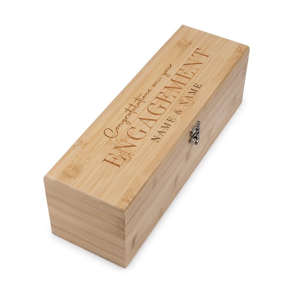 Wooden Bottle Box with "Congratulations on your Engagement" engraved onto the Lid