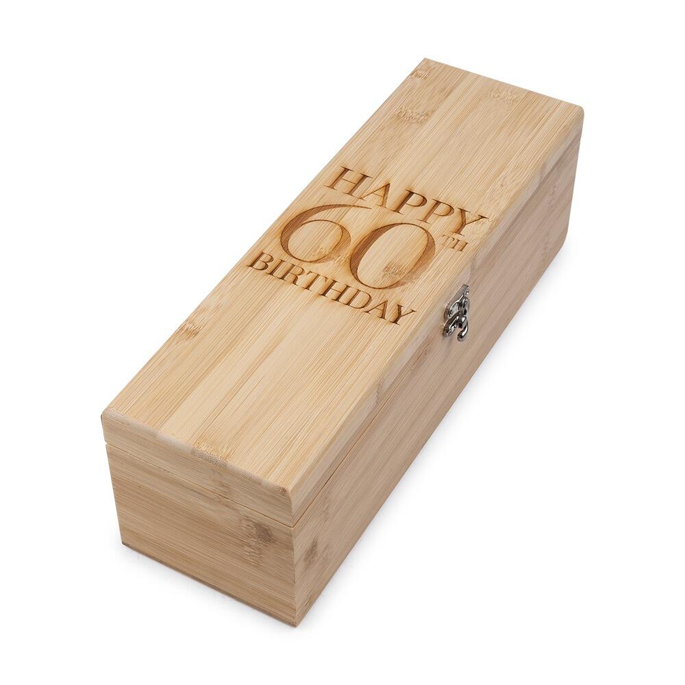 Wooden Bottle Box with "Happy 60th Birthday" engraved onto the Lid