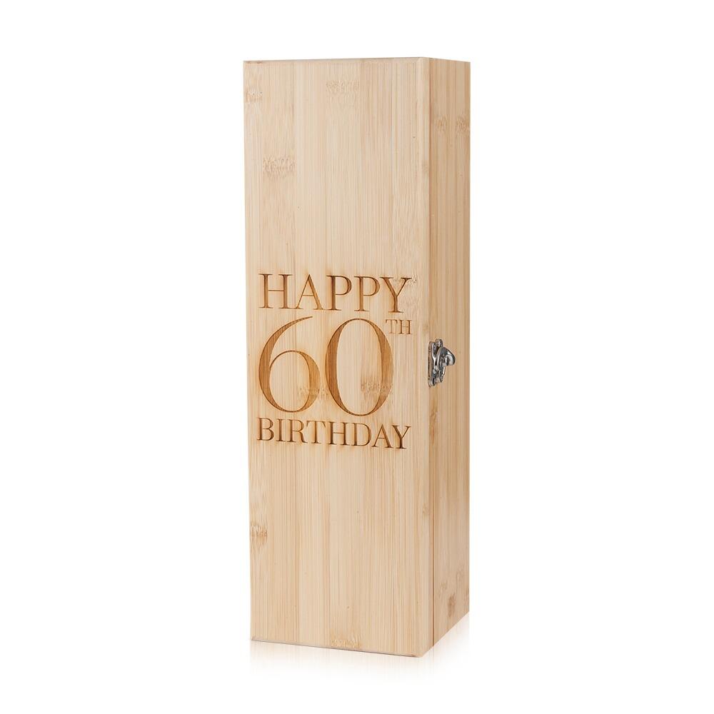 Wooden Bottle Box with "Happy 60th Birthday" engraved onto the Lid Standing Upright
