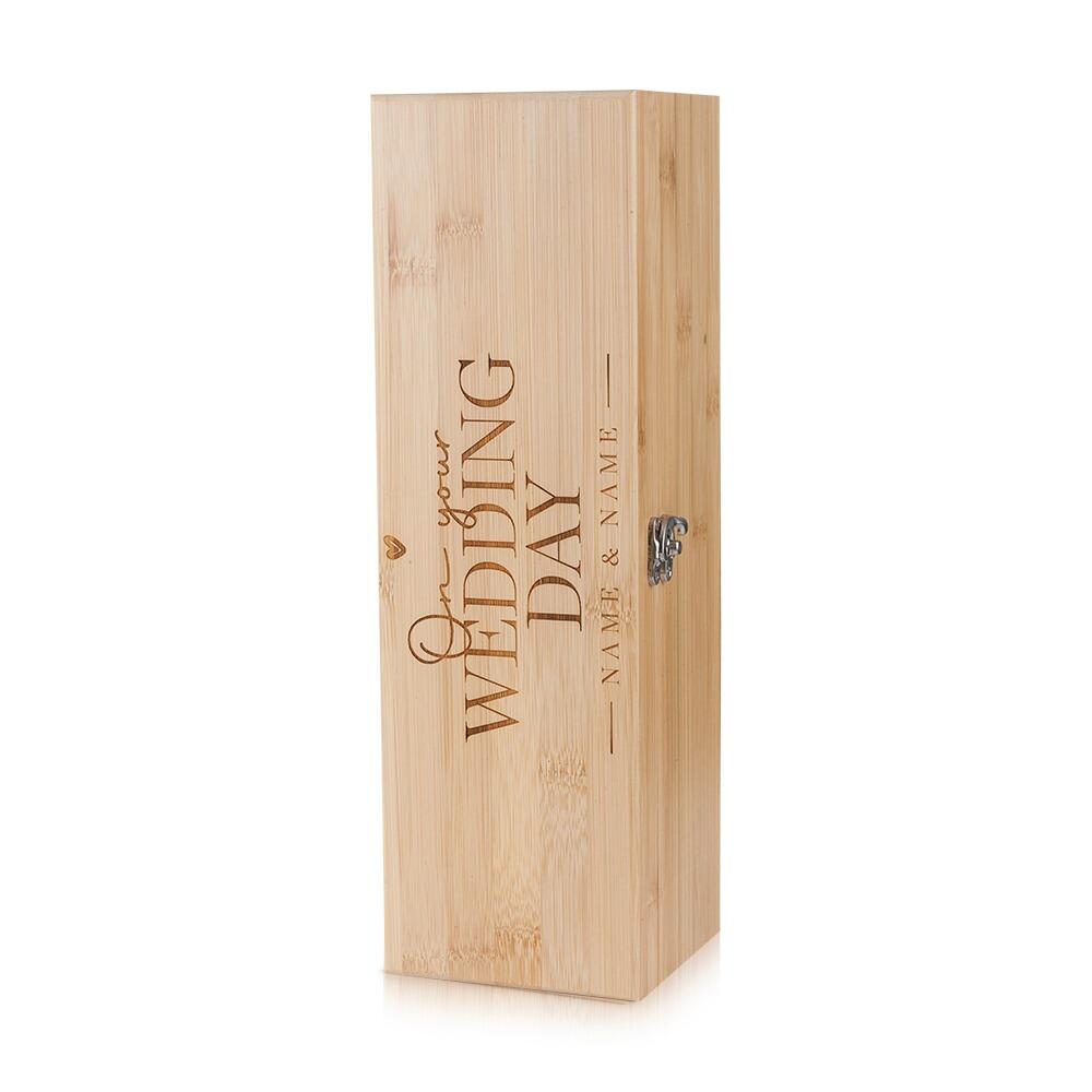 Wooden Bottle Box with "On your Wedding Day" engraved onto the Lid Standing Upright
