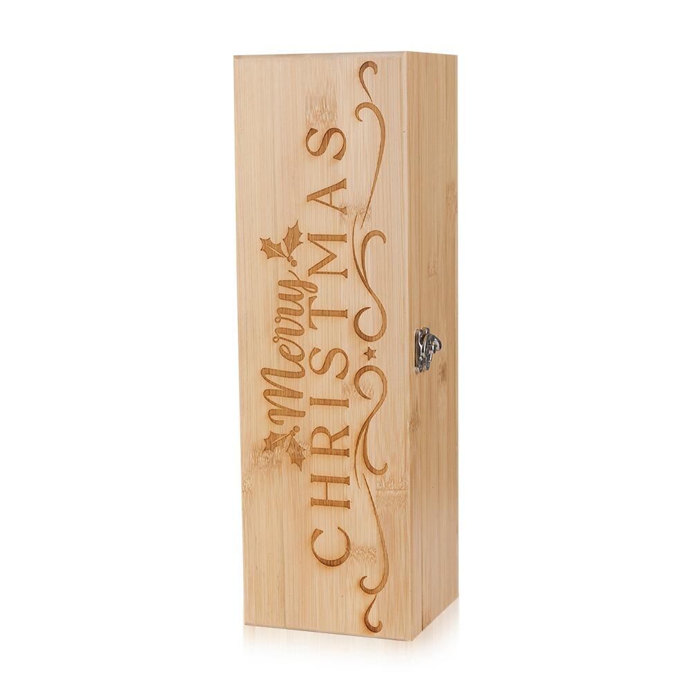 Wooden Bottle Box with "Merry Christmas" engraved onto the Lid Standing Upright