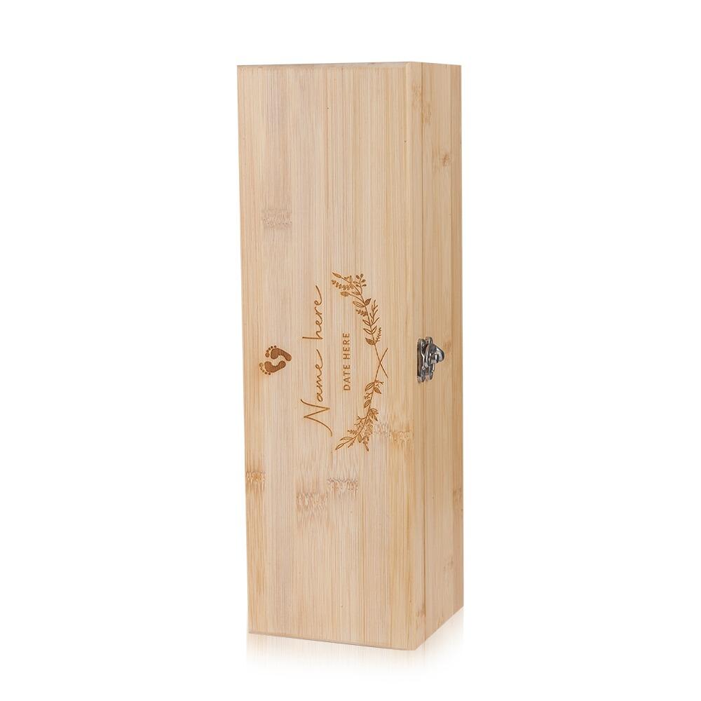 Wooden Bottle Box with "Baby Feet" engraved onto the Lid Standing Upright